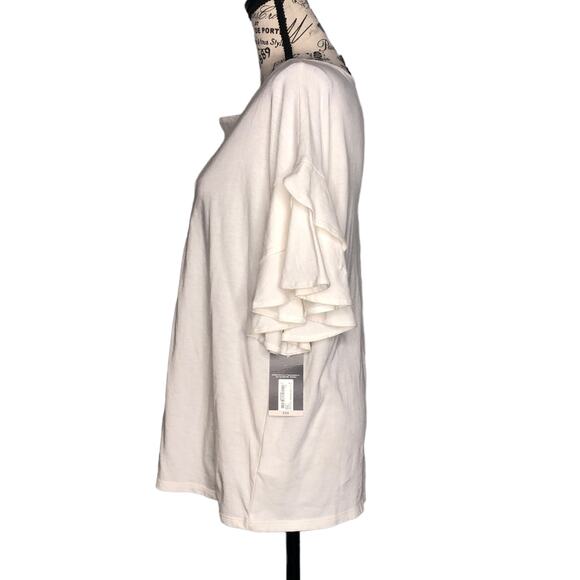 Worthington (M) Ruffle Short Bell Sleeve Split V Neck Blouse Tee Top Placket - Picture 3 of 12